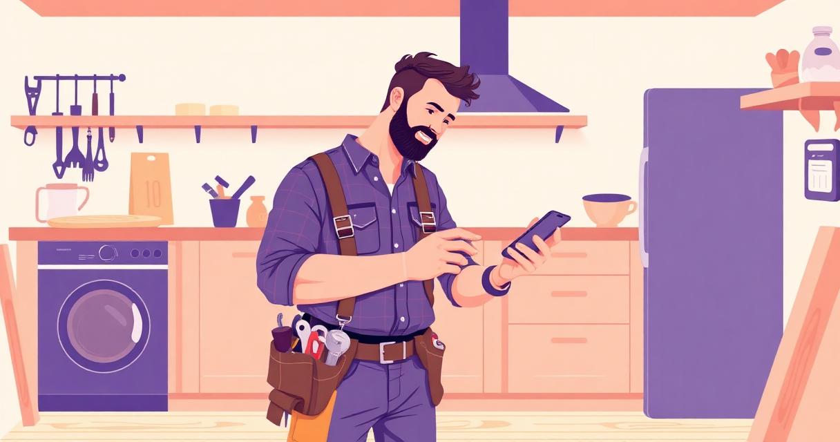 Self-employed handyman comparing invoice apps on his phone at a job site