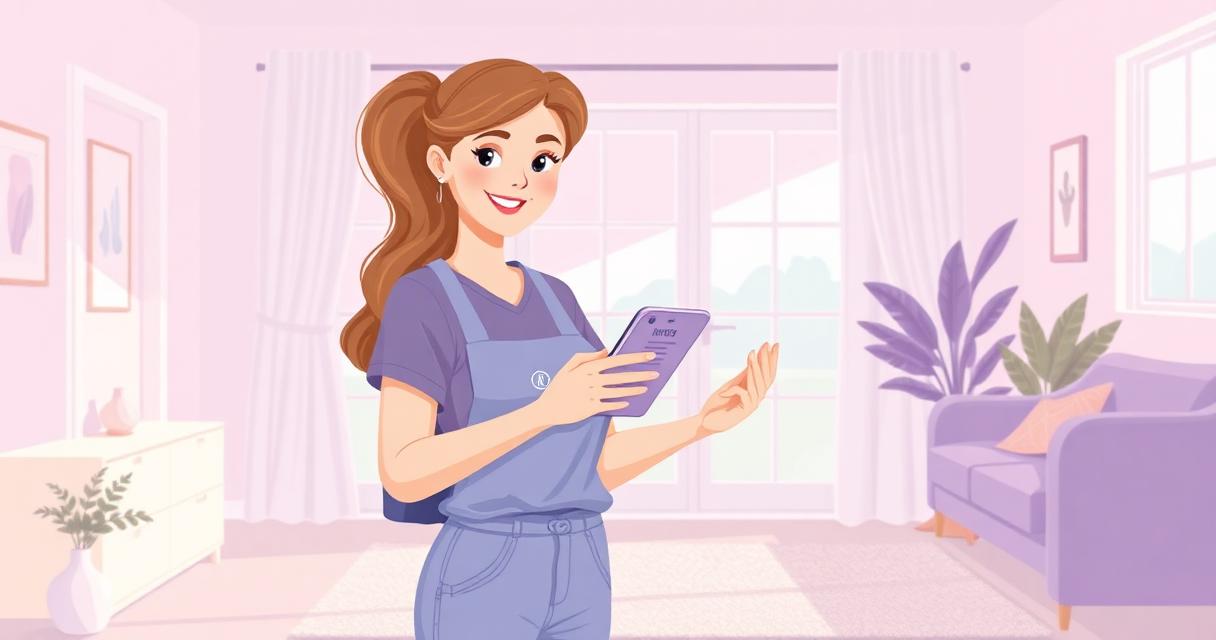 Independent house cleaner sending an invoice from her phone after finishing a job