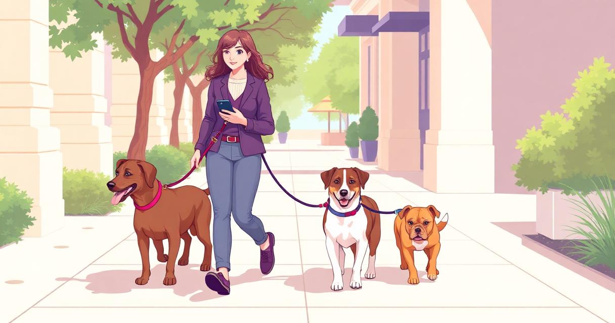 Professional dog walker with three dogs on a city street